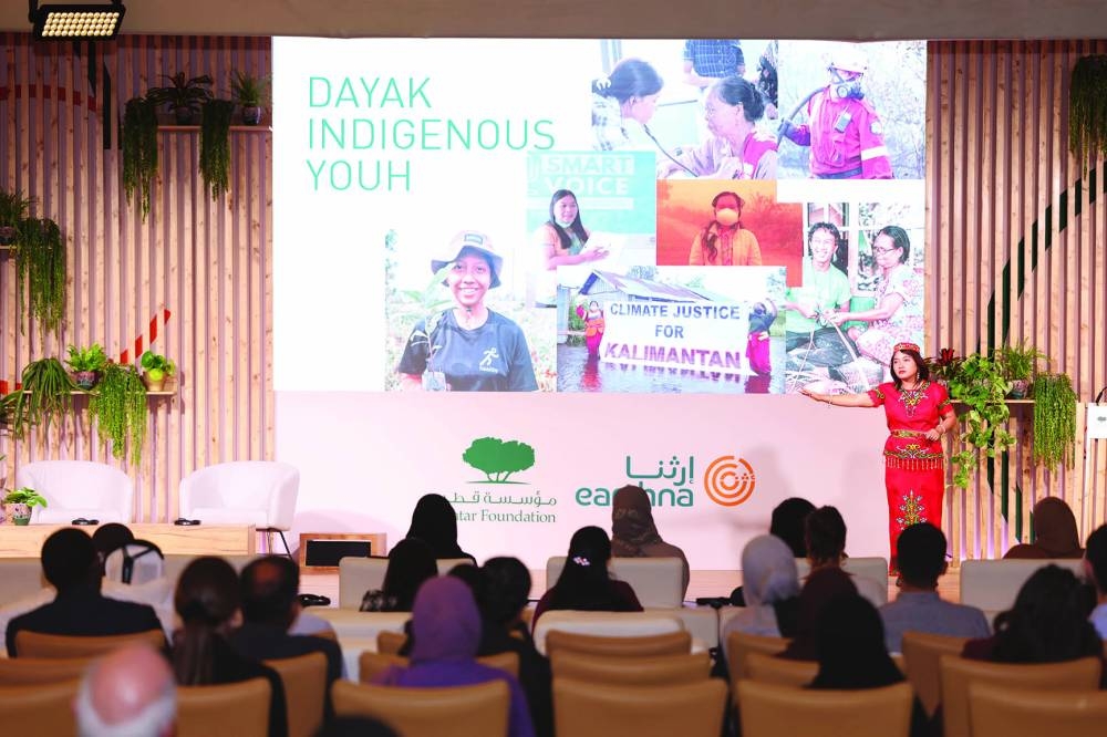 Emmanuela Shinta addresses the Earthna Summit 2023.