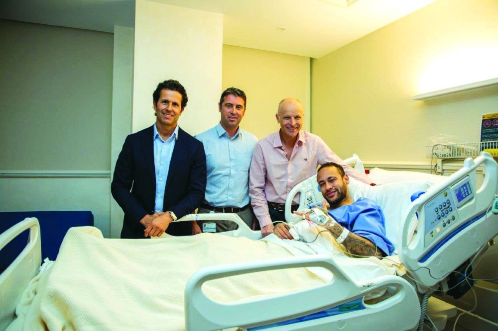 Paris Saint-Germain forward Neymar at Aspetar Hospital yesterday after his ankle surgery.