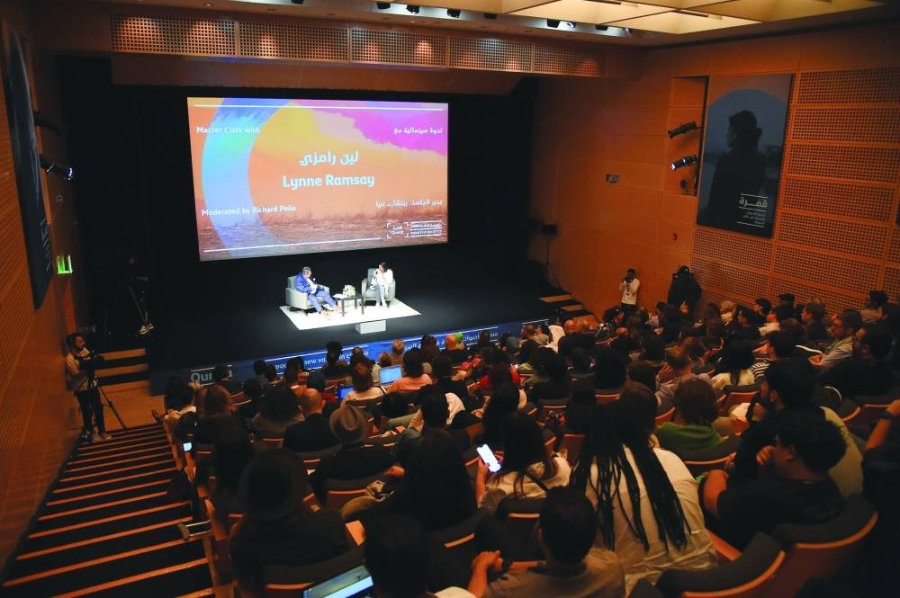 Lynne Ramsay speaks on stage during Qumra Masterclass on Day 2 of Qumra 2023. PICTURES: Eamonn M McCormack/Getty Images for Doha Film Institute