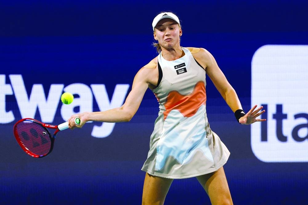 Elena Rybakina of Kazakhstan hits a forehand against Jessica Pegula of the US (not pictured) in their singles semi-final on day 11 of the Miami Open at Hard Rock Stadium. (USA TODAY Sports)