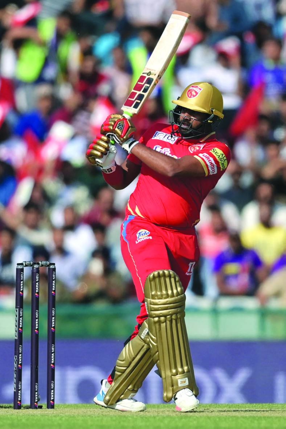 Punjab Kings’ Bhanuka Rajapaksa plays a shot during the IPL match against Kolkata Knight Riders in Mohali on Saturday. (AFP)