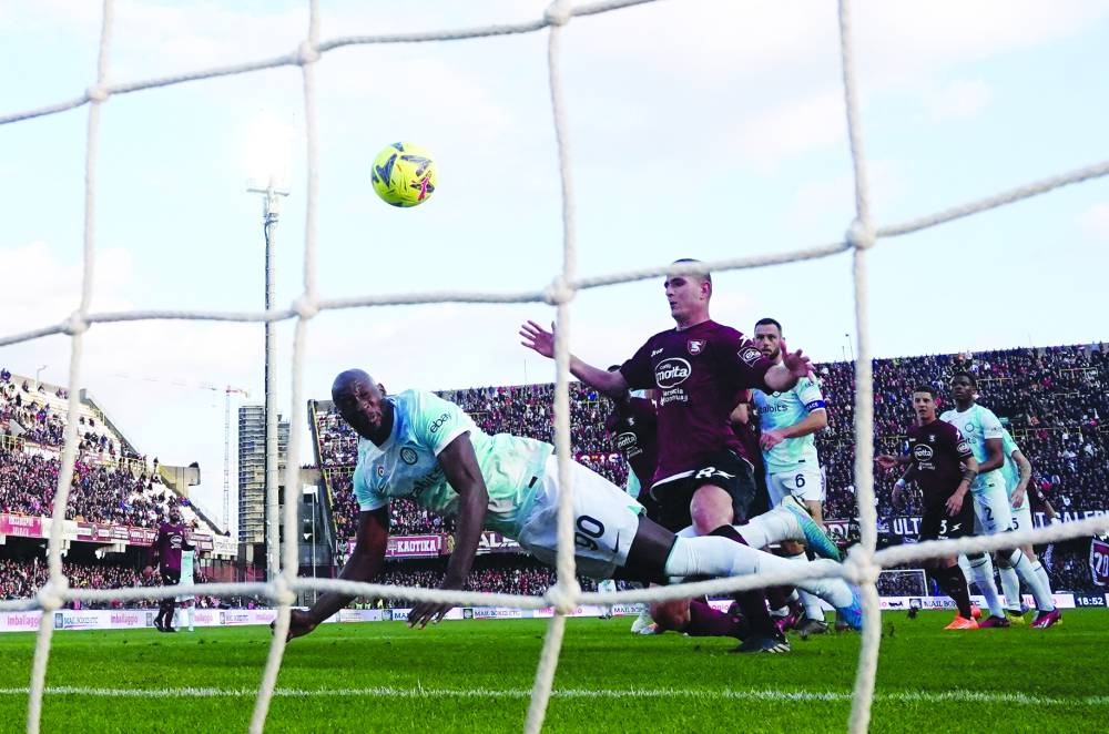 Inter Milan’s Romelu Lukaku in action at Stadio Arechi, Salerno, Italy, on Friday. (Reuters)