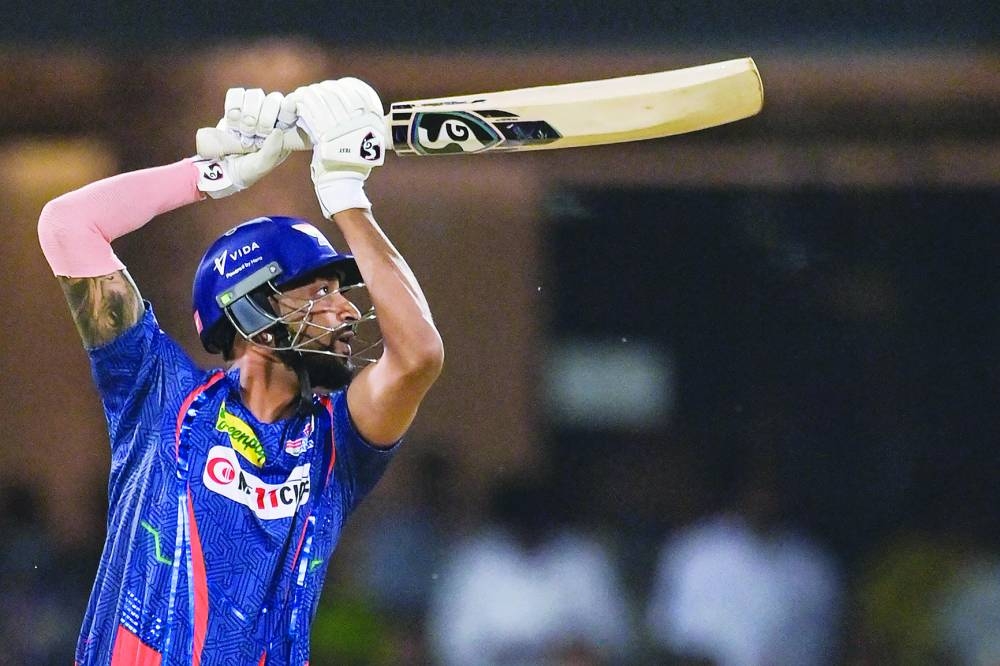 Lucknow Super Giants' Krunal Pandya watches the ball after playing a shot during the IPL Twenty20 match against Sunrisers Hyderabad at the Ekana Cricket Stadium in Lucknow on Friday. (AFP)
