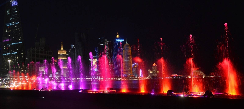 The colourful lights and music fountains on Doha Corniche