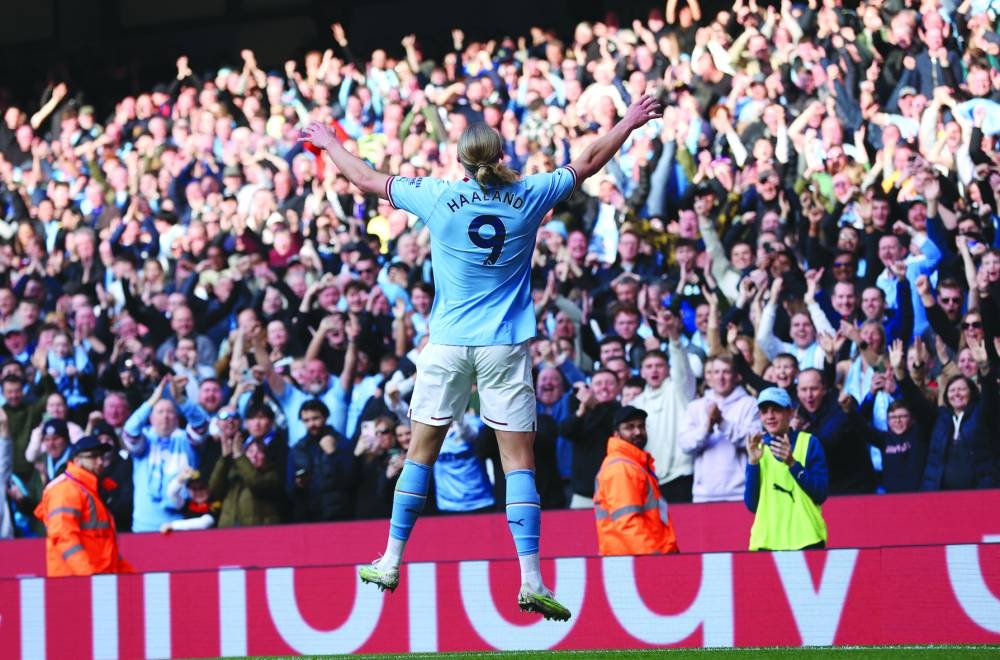 Manchester City’s Erling Braut Haaland celebrates after scoring against Leicester City on Saturday. (Reuters)