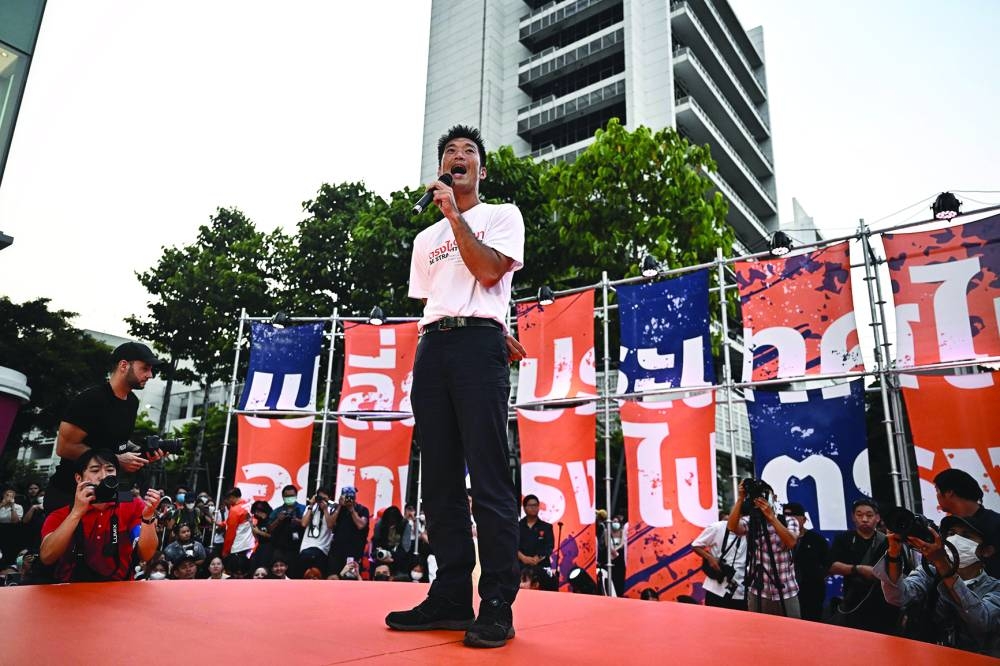 Thai politician and former Future Forward Party leader Thanathorn Juangroongruangkit speaks during a rally in Bangkok.