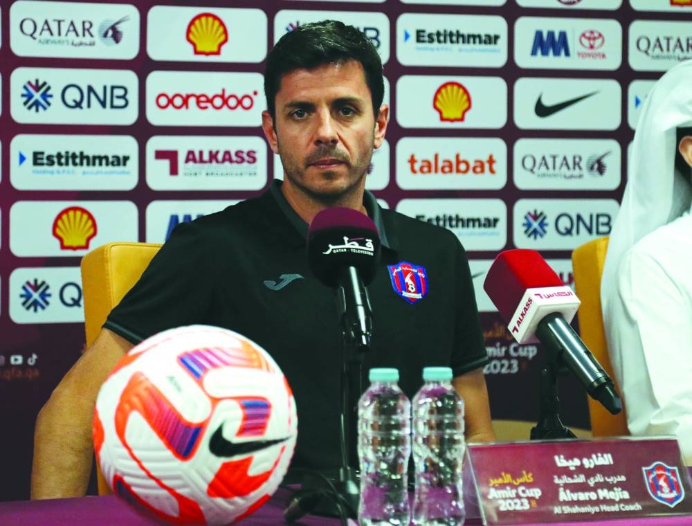 Al Shahania coach Alvaro Mejia address the media on Sunday on the eve of their Amir Cup semi-final.