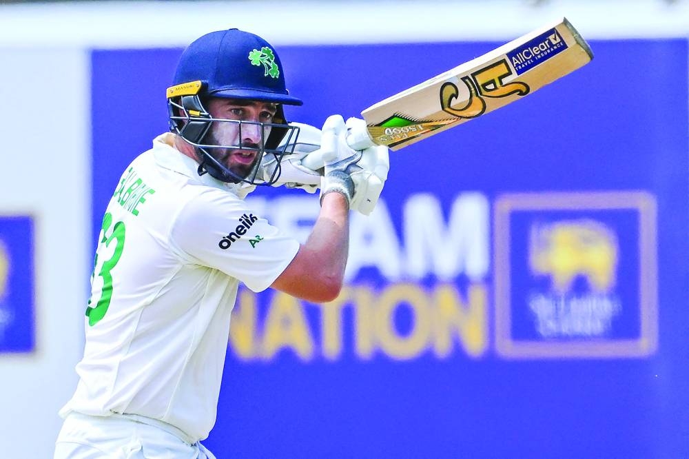 Ireland’s Andrew Balbirnie plays a shot during the first day of the second and final Test against Sri Lanka at the Galle International Cricket Stadium in Galle on Monday. (AFP)
