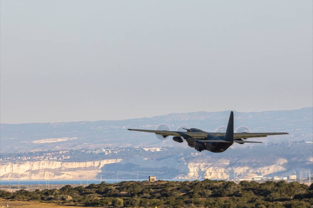 A C-130 Hercules bound for Sudan, takes off to evacuate British embassy diplomats and their families, in RAF Akrotiri, Cyprus. LPHOT MARK JOHNSON/Pool via REUTERS
