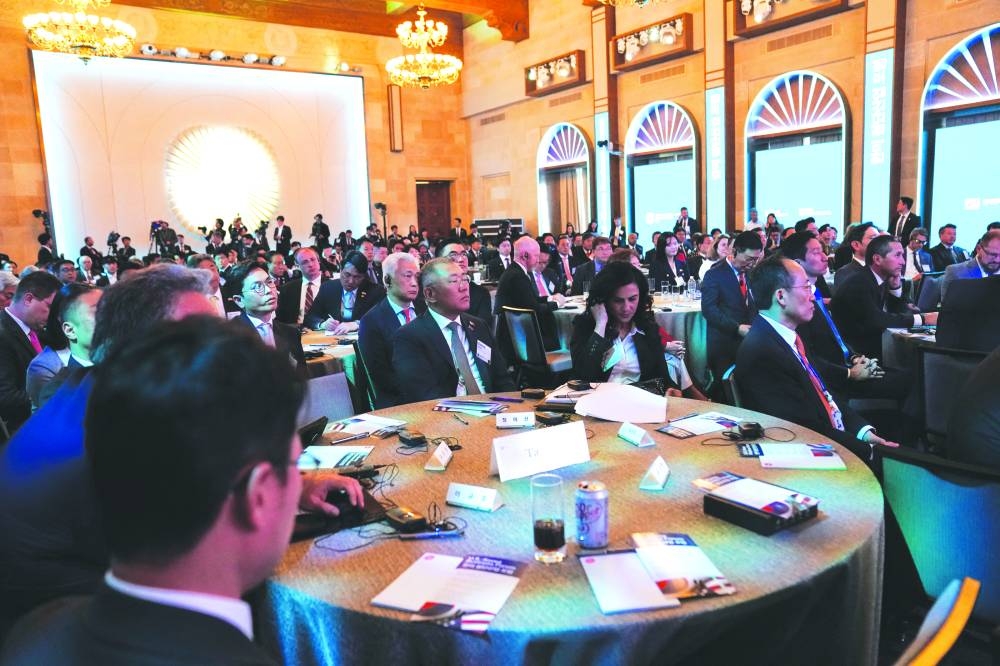Attendees listen as South Korean President Yoon Suk Yeol delivers remarks to the U.S.-Korea Business Council at the U.S. Chamber of Commerce in Washington, DC yesterday.