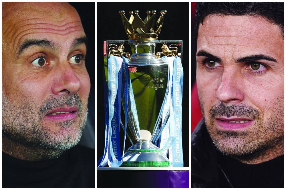 A combination picture shows Manchester City manager Pep Guardiola (left), Arsenal manager Mikel Arteta and the Premier League trophy ahead of today’s crunch title clash. (Reuters)