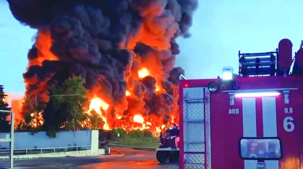 A huge fire erupted in Moscow-annexed Crimea after a suspected drone attack hit an oil depot yesterday, as fighting intensified on the southern Ukrainian front and shelling deprived Russian border villages of power.