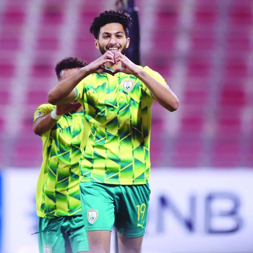 Al Wakrah’s Mohamed Khaled Hassan celebrates after scoring a later winner against Al Arabi at the Grand Hamad Stadium. 