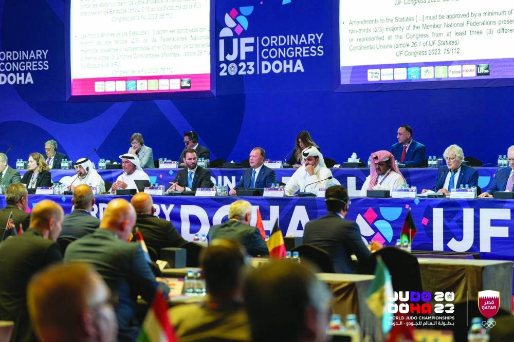 Qatar Olympic Committee President H E Sheikh Joaan bin Hamad al-thani attends the IJF Ordinary Congress in Doha .