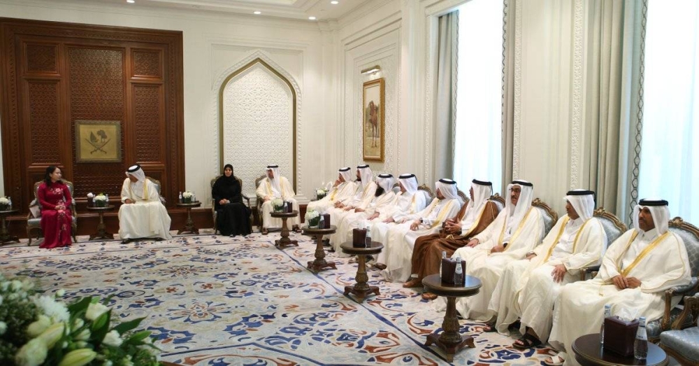 HE the Speaker of the Shura Council Hassan bin Abdullah Al Ghanim meets with the Vice President of the Socialist Republic of Vietnam Vo Thi Anh Xuan.