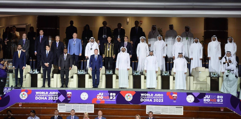 HE Sheikh Joaan bin Hamad Al Thani, President of the Qatar Olympic Committee and Chairman of the Local Organizing Committee, graced the opening ceremony of the World Judo Championships – Doha 2023 Monday at the Ali Bin Hamad al-Attiyah Arena. PICTURE: Shaji Kayamkulam