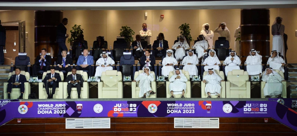 HE Sheikh Joaan bin Hamad Al Thani, President of the Qatar Olympic Committee and Chairman of the Local Organizing Committee, graced the opening ceremony of the World Judo Championships – Doha 2023 Monday at the Ali Bin Hamad al-Attiyah Arena in Doha. PICTURE: Shaji Kayamkulam