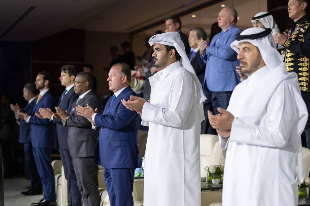 Qatar Olympic Committee President HE Sheikh Joaan bin Hamad al-Thani and former Prime Minister HE Sheikh Abdullah bin Nasser bin Khalifa al-Thani with other dignitaries at the opening ceremony of the World Judo Championships Doha 2023 at Ali Bin Hamad Al Attiyah Arena in Doha Monday.