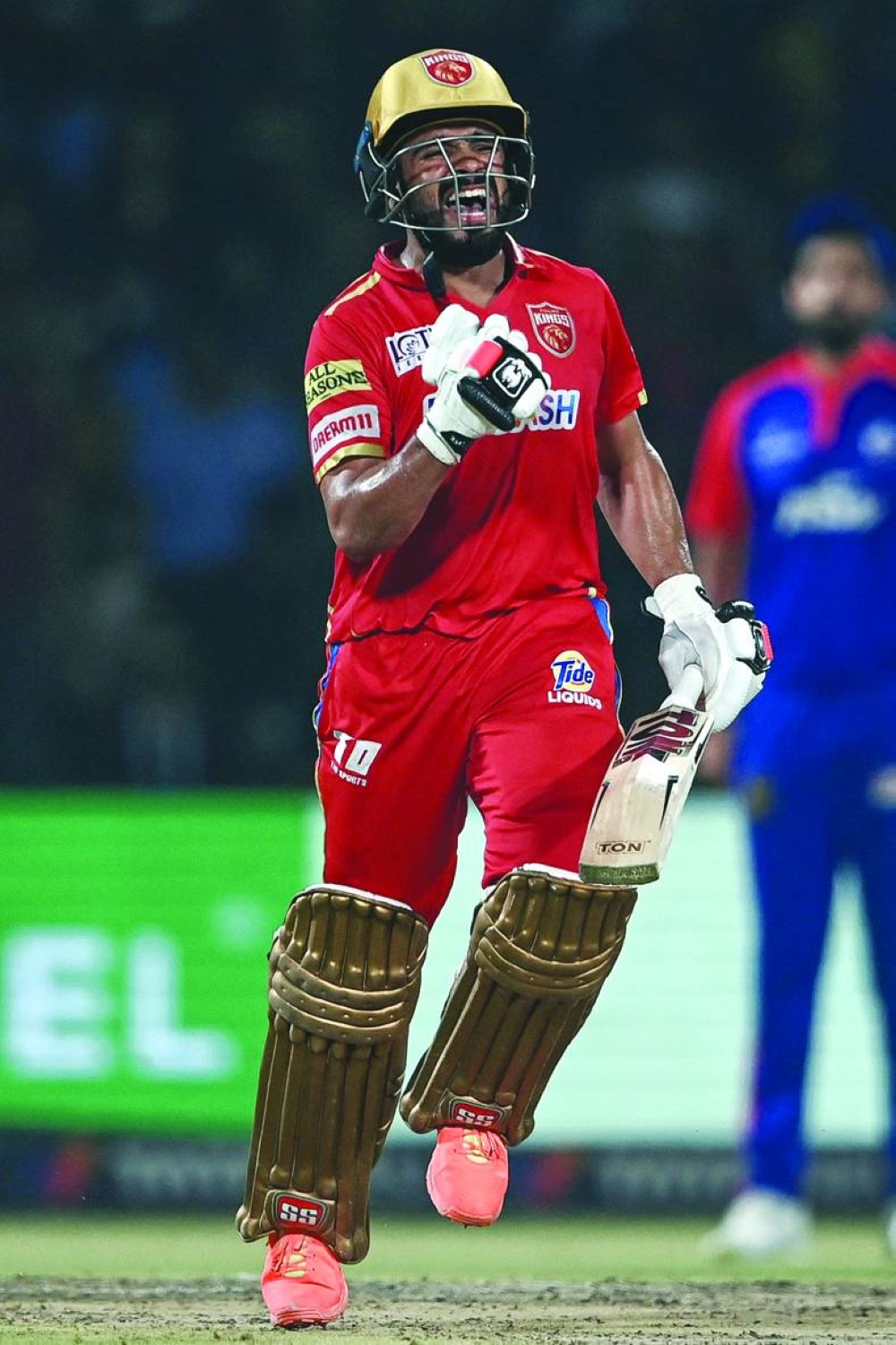 Punjab Kings’ Prabhsimran Singh celebrates after scoring a century during IPL match against Delhi Capitals in New Delhi on Saturday. (AFP)