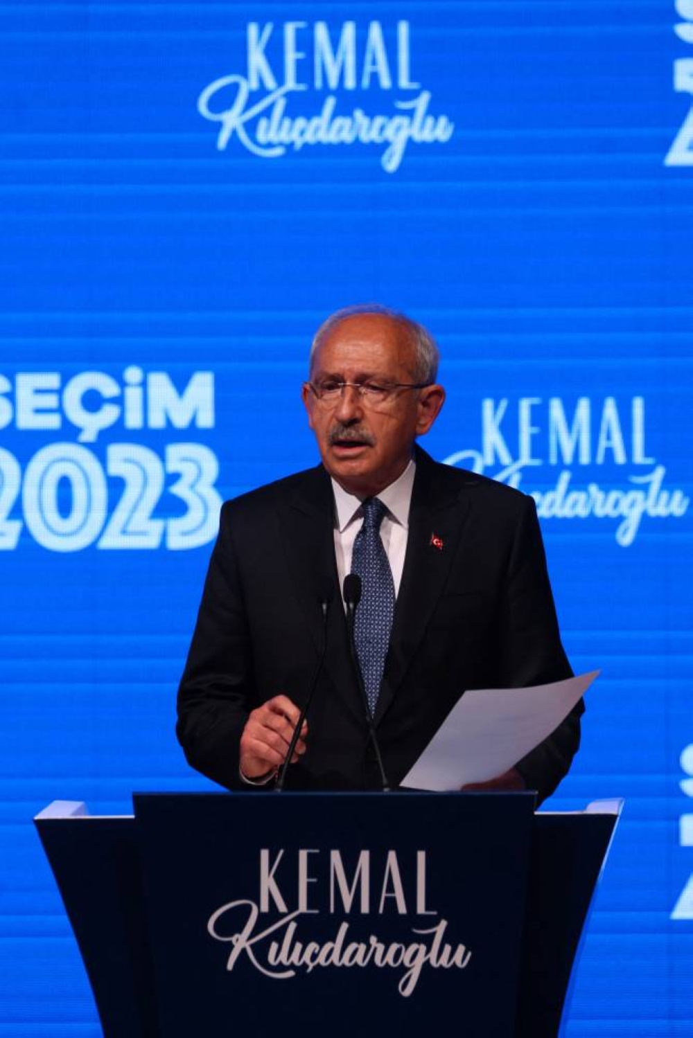 Kemal Kilicdaroglu, presidential candidate of Turkiye's main opposition alliance, speaks onstage at the Republican People's Party (CHP) headquarters on election night in Ankara. REUTERS/Yves Herman