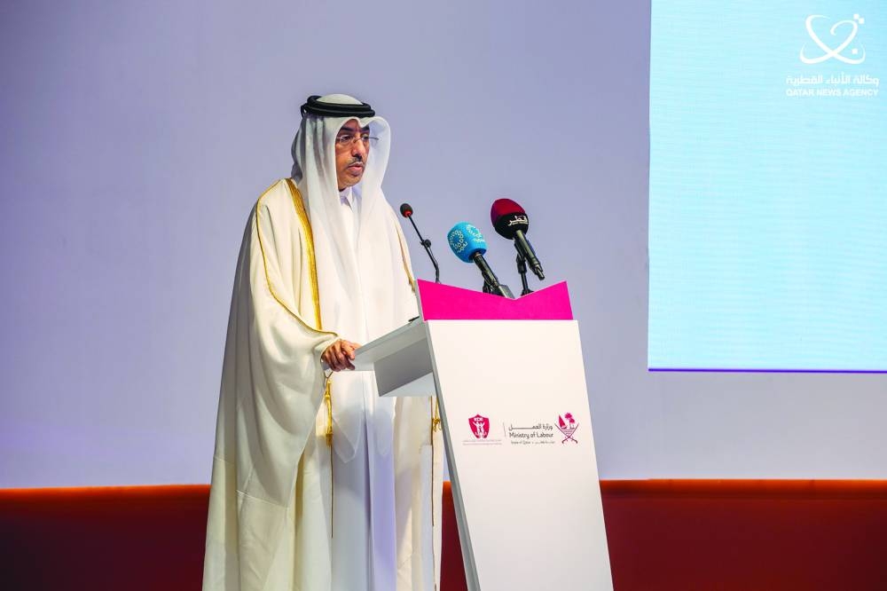 HE the Minister of Labour Dr Ali bin Smaikh al-Marri speaking at the forum.