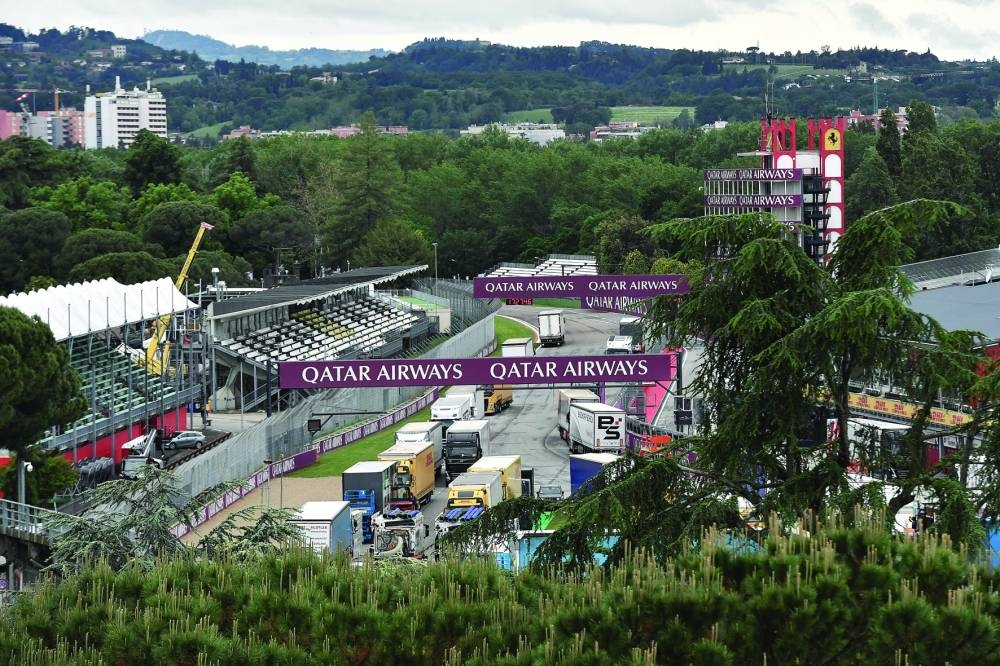 A general view of vehicles at the Imola race track after the Imola paddock was flooded as Santerno river levels rise due to heavy rain, ahead of the weekend’s cancelled Emilia Romagna Grand Prix, in Imola, Italy, on Wednesday. (Reuters)