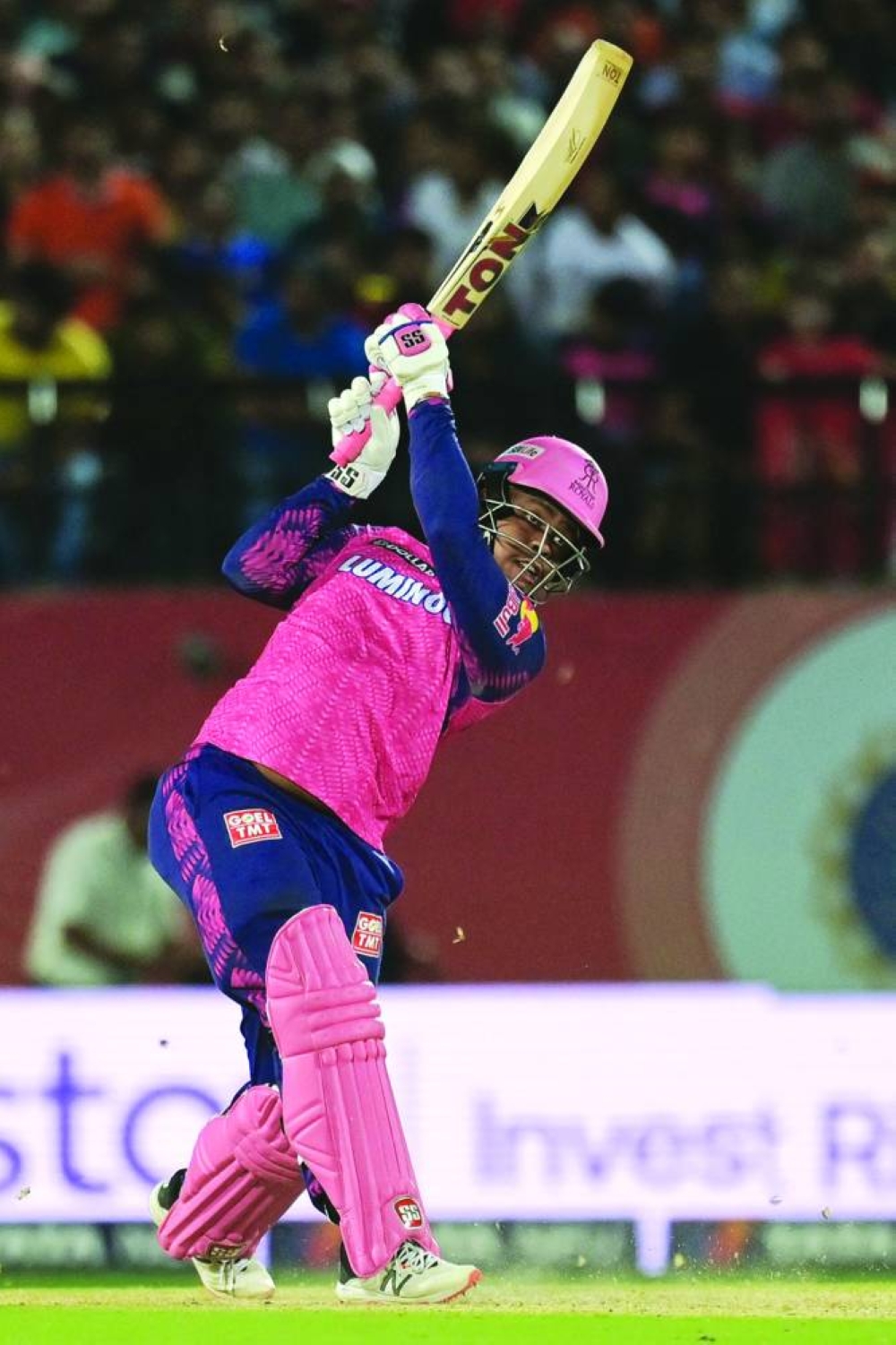 Rajasthan Royals’ Shimron Hetmyer plays a shot during the IPL match against Punjab Kings at the Himachal Pradesh Cricket 
Association Stadium in Dharamsala on Friday. (AFP)