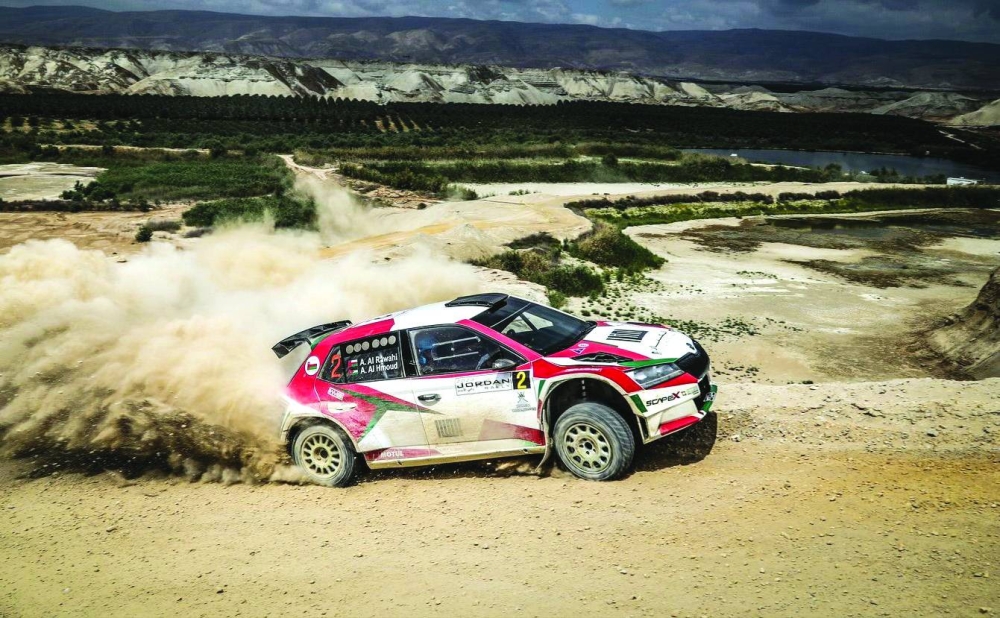 Oman’s Abdullah al-Rawahi and local co-driver Ata al-Hmoud in action at the Jordan Rally on Friday.