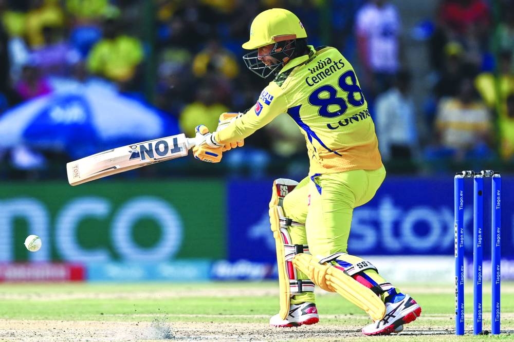 Chennai Super Kings’ Devon Conway plays a shot during the IPL match against Delhi Capitals in New Delhi on Saturday. (AFP)