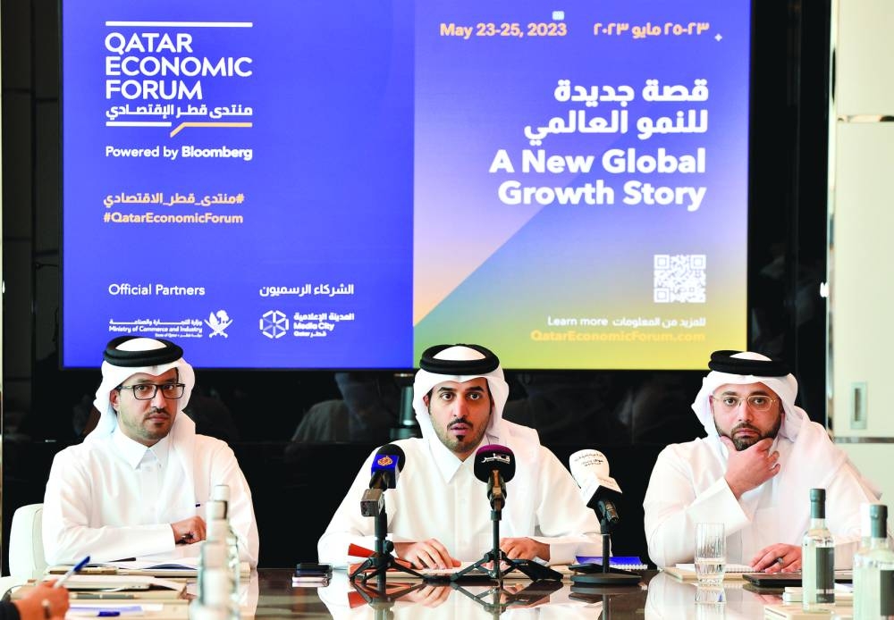HE Sheikh Ali bin Abdullah bin Khalifa al-Thani (centre) at yesterday's media roundtable with Mubarak Ajlan Mubarak al-Kuwari and Nasser al-Taweel. PICTURE: Shaji Kayamkulam