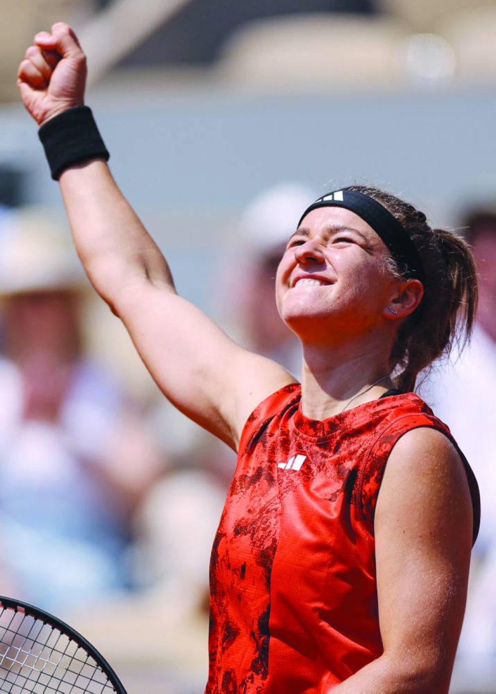 Czech Republic’s Karolina Muchova celebrates after winning against Russia’s Anastasia Pavlyuchenkova in quarter-final on Tuesday. (AFP)
