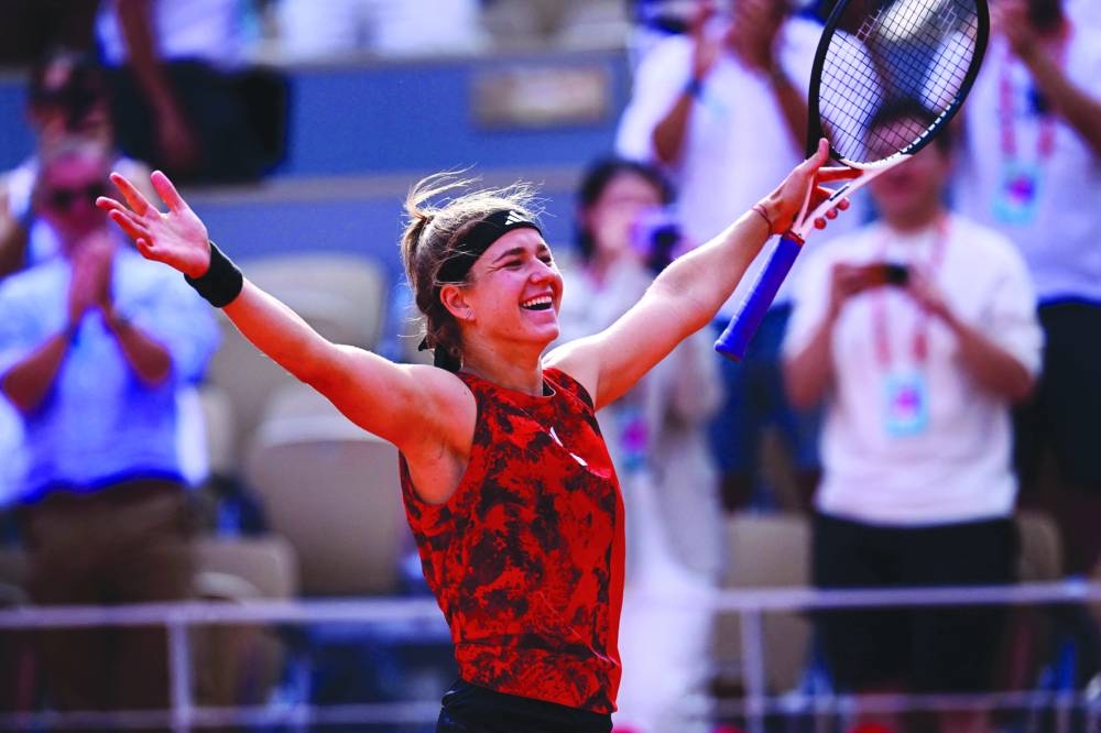 Czech Republic’s Karolina Muchova celebrates her victory over Belarus’ Aryna Sabalenka on Thursday. (AFP)