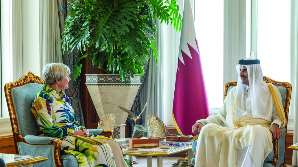 His Highness the Amir Sheikh Tamim bin Hamad al-Thani meets Ambassador of Netherlands Marjan Kamstra.