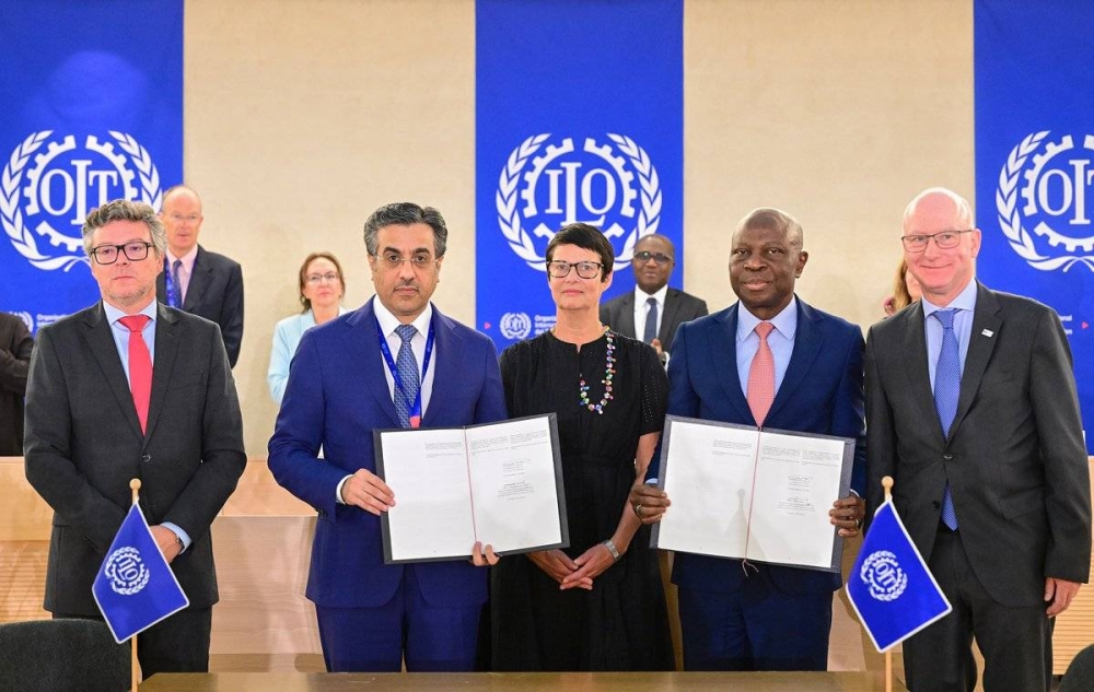 The memorandum of approval was signed by HE Dr. Ali bin Samikh Al Marri, Minister of Labor, in his capacity as President of the International Labor Conference, and the Director-General of the International Labour Organization Gilbert Houngbo.