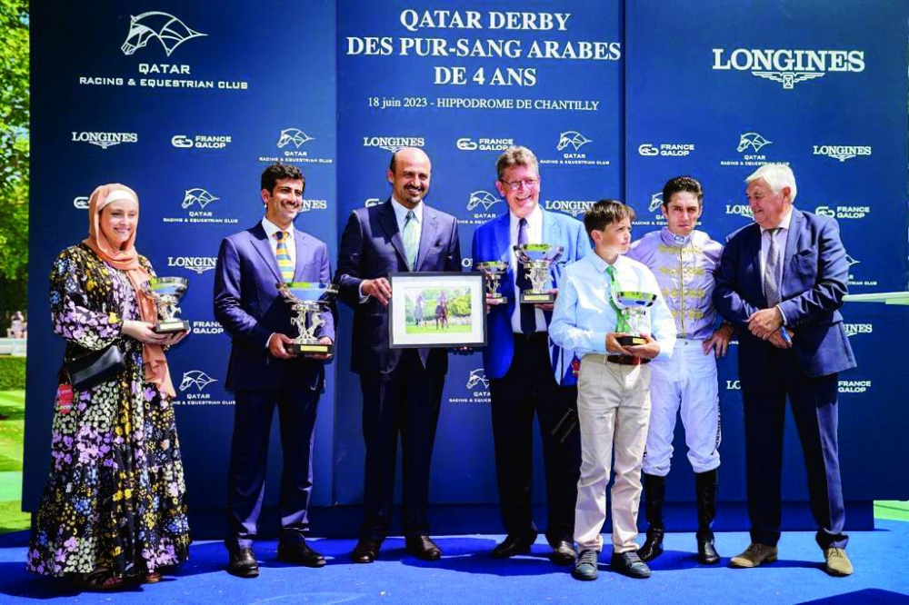 
Winners of the Qatar Derby des Pur Sang Arabes (Group 1 PA) pose after Al Shaqab Racing Al Ghadeer won the 2,000m race in Chantilly, France. PICTURES: Scoopdyga 