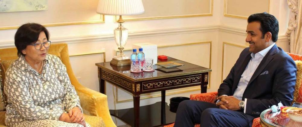 HE the Special Envoy of the Minister of Foreign Affairs for Counter-Terrorism and Mediation in Conflict Resolution Dr. Mutlaq bin Majed Al Qahtani meets with the Special Representative of the UN Secretary-General for Afghanistan Roza Otunbayeva.