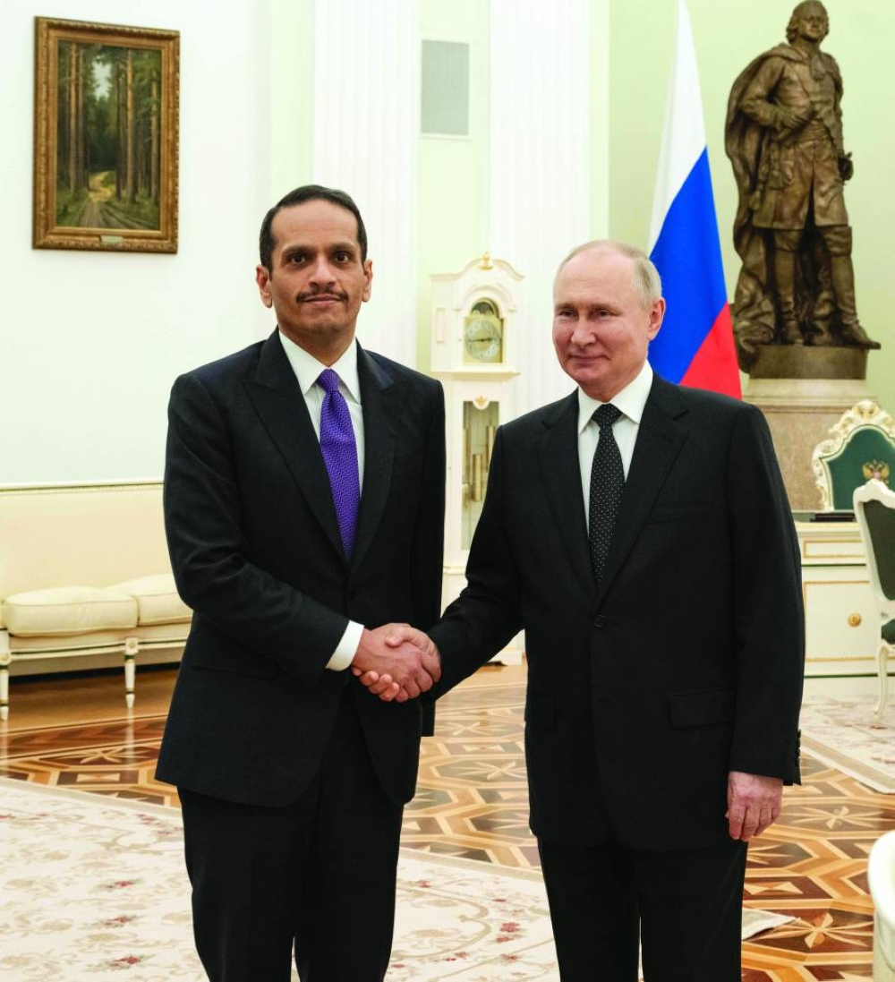 HE Prime Minister and Minister of Foreign Affairs Sheikh Mohamed bin Abdulrahman bin Jassim al-Thani delivered the message to Putin Thursday during a meeting with the president at the Kremlin.