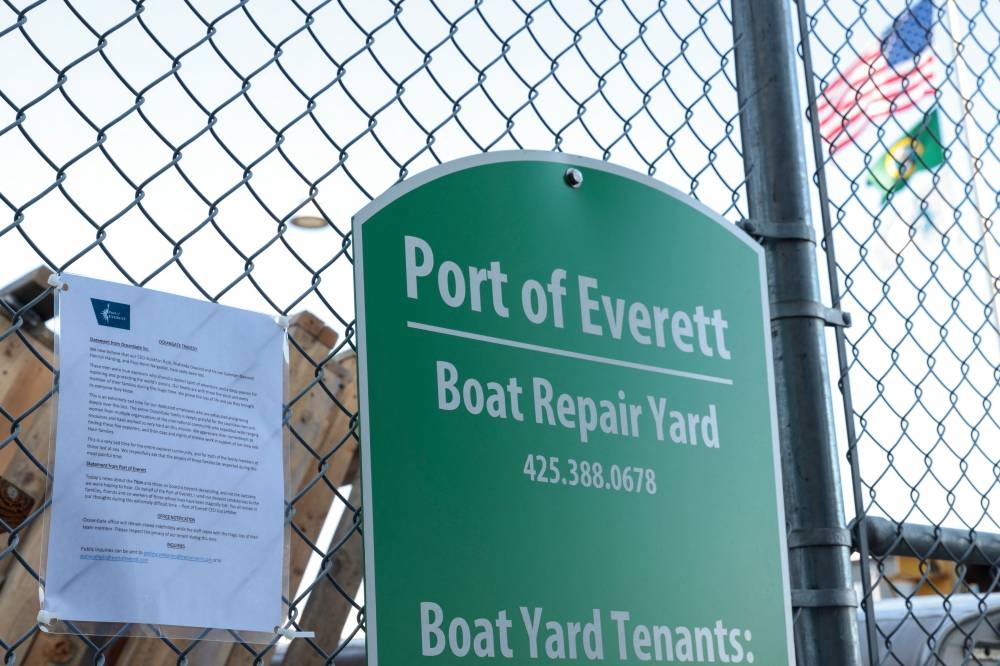 A statement from OceanGate and the Port of Everett addressing the OceanGate tragedy is posted at the entrance of OceanGate Expedition's headquarters in the Port of Everett Boat Yard in Everett, Washington, on June 22. Jason Redmond / AFP
