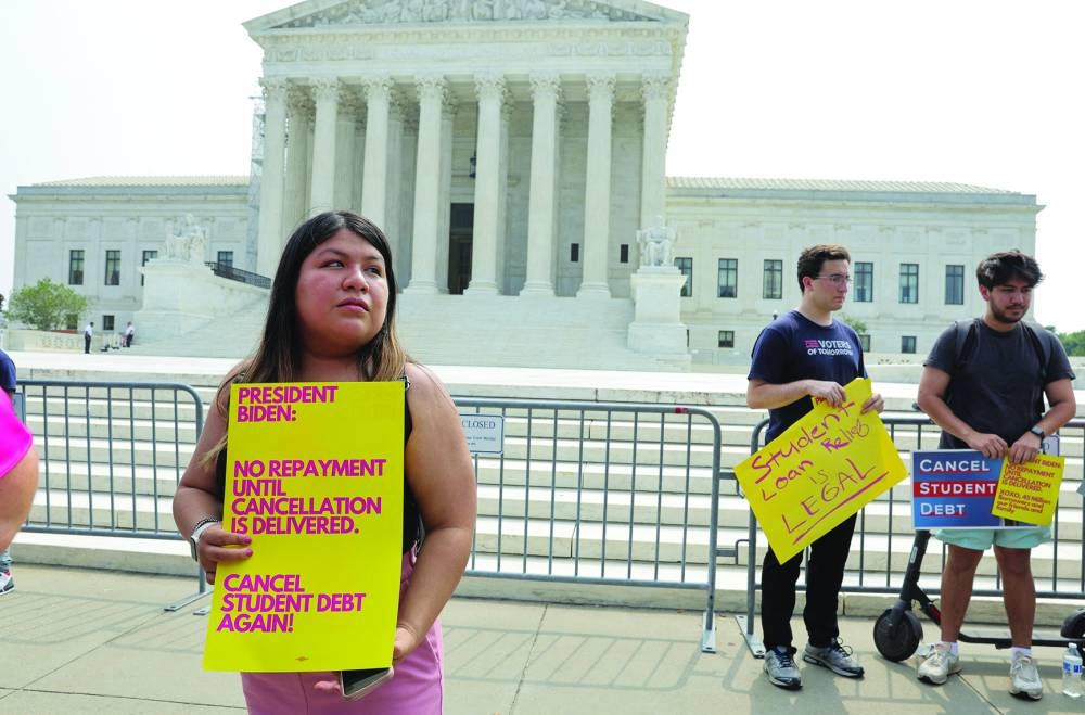 These picture taken on Friday show student debt relief activists at a rally at the US Supreme Court in Washington, DC.