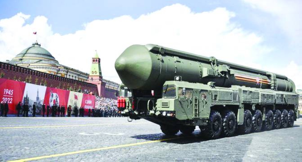 
A Russian Yars Intercontinental ballistic missile launcher parades through Red Square during the Victory Day parade in Moscow. 