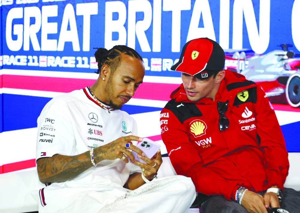 Mercedes’ Lewis Hamilton (left) and Ferrari’s Charles Leclerc during the press conference on Thursday. (Reuters)