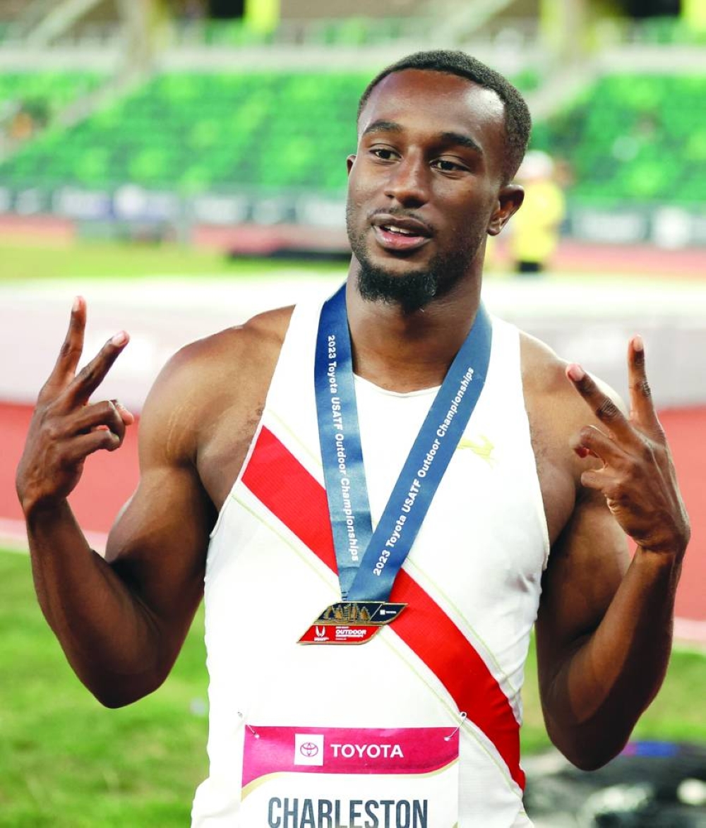 
Cravont Charleston celebrates after winning the men’s 100m final during the 2023 USATF Outdoor Championships at Hayward Field in Eugene, Oregon. (AFP) 