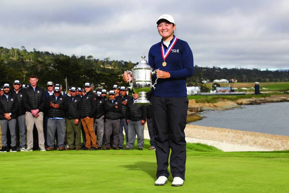 Allisen Corpuz celebrates with the Harton S Semple Trophy after winning the US Women's Open at Pebble Beach Golf Link. (USA TODAY Sports)