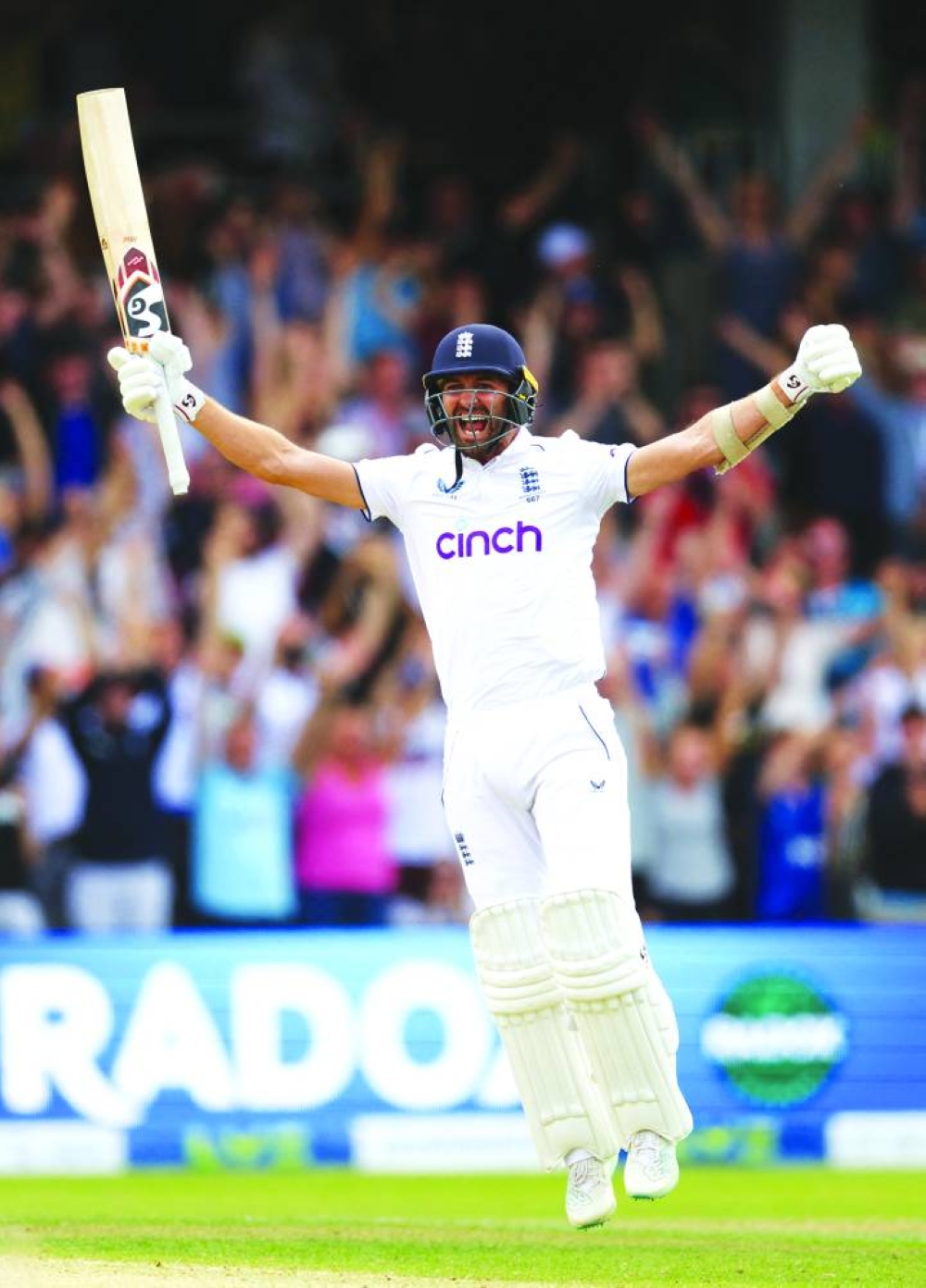 England’s Mark Wood celebrates winning the third Ashes Test against Australia at Headingley Cricket Ground, on July 9, 2023. (AFP)