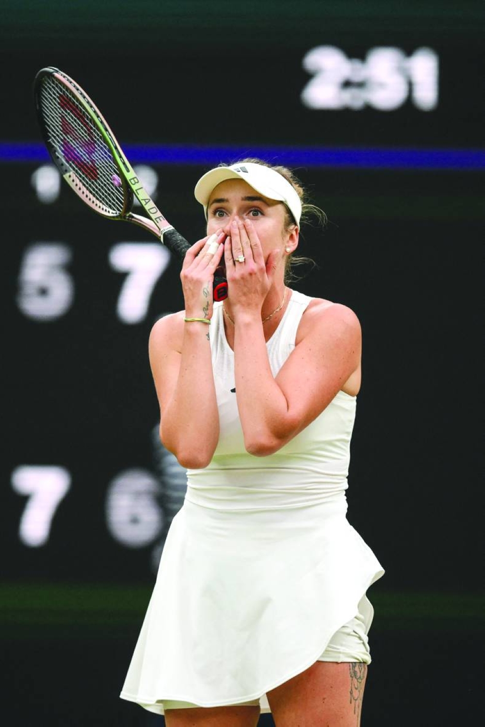 Ukraine’s Elina Svitolina celebrates winning against Poland’s Iga Swiatek on Tuesday. (AFP)