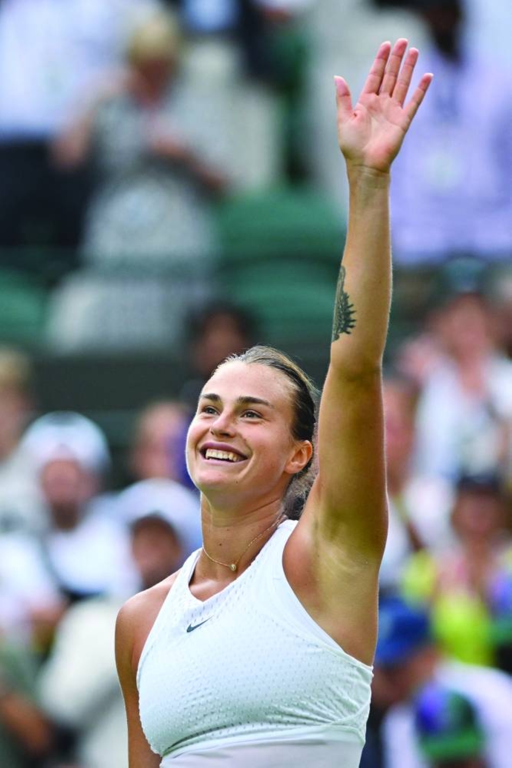 Belarus’s Aryna Sabalenka celebrates winning against US player Madison Keys during their quarter-finals at Wimbledon on Wednesday. (AFP)