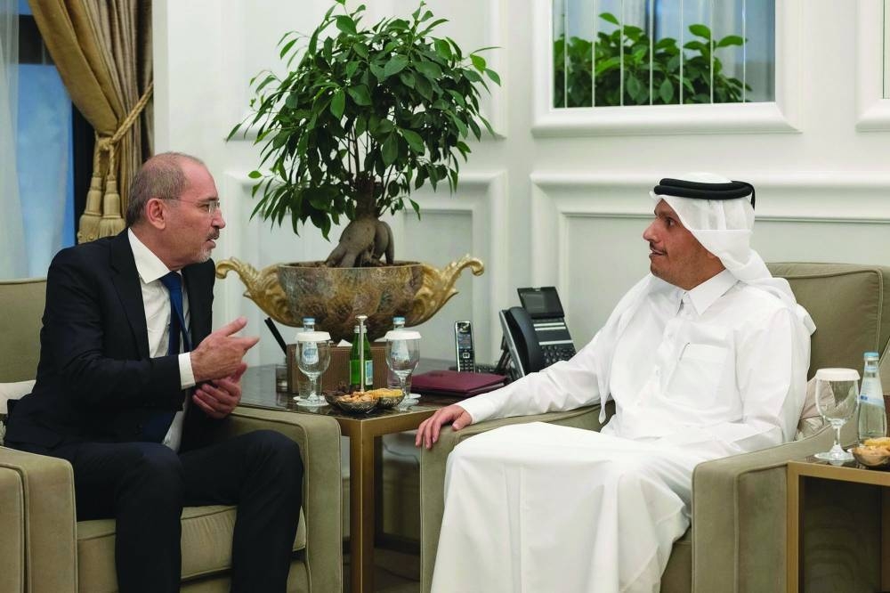 HE the Prime Minister and Minister of Foreign Affairs Sheikh Mohamed bin Abdulrahman bin Jassim al-Thani meets with Jordanian Deputy Prime Minister and Minister of Foreign Affairs and Expatriates Dr Ayman al-Safadi.