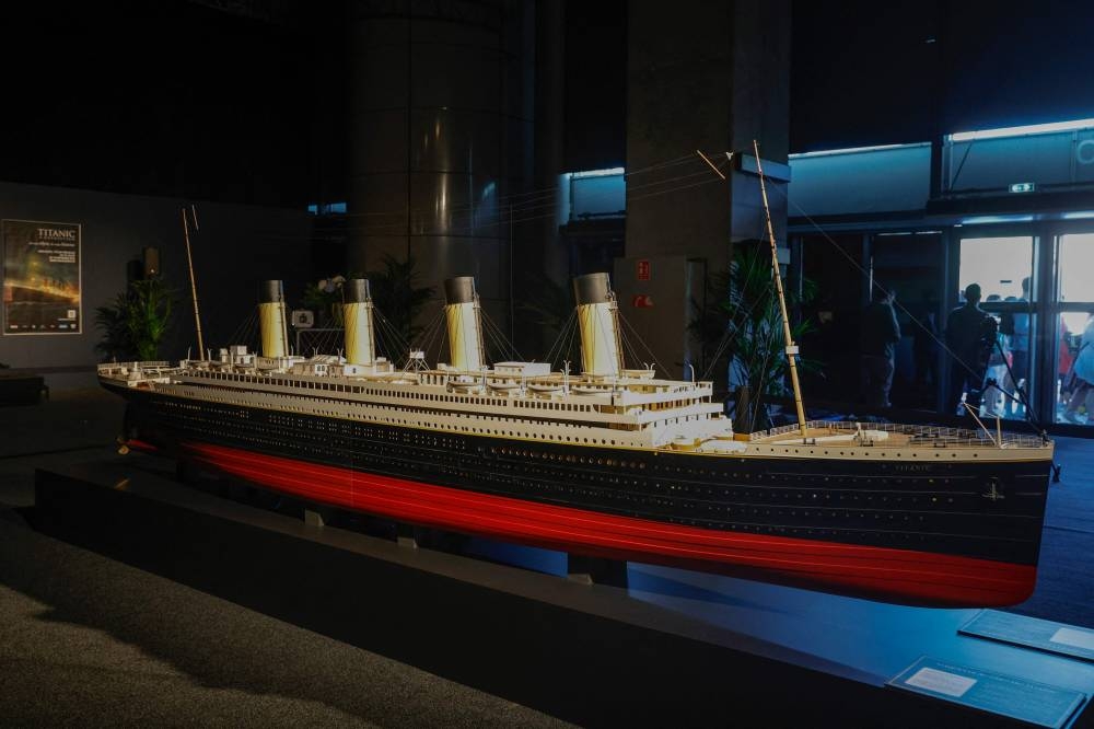 A replicated model of the HMS Titanic liner is displayed on the opening day of the XXL Titanic exhibition at Paris Expo Porte de Versailles in Paris. AFP