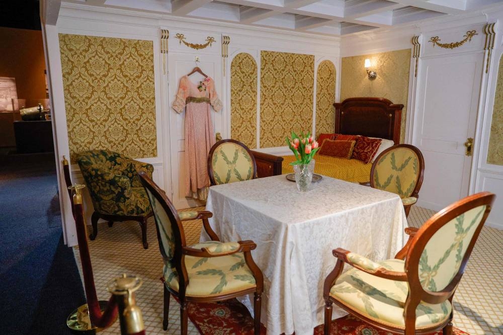 A photograph shows the replica of the first class dinning room on the opening day of the XXL Titanic exhibition at Paris  Expo Porte de Versailles in Paris. AFP 