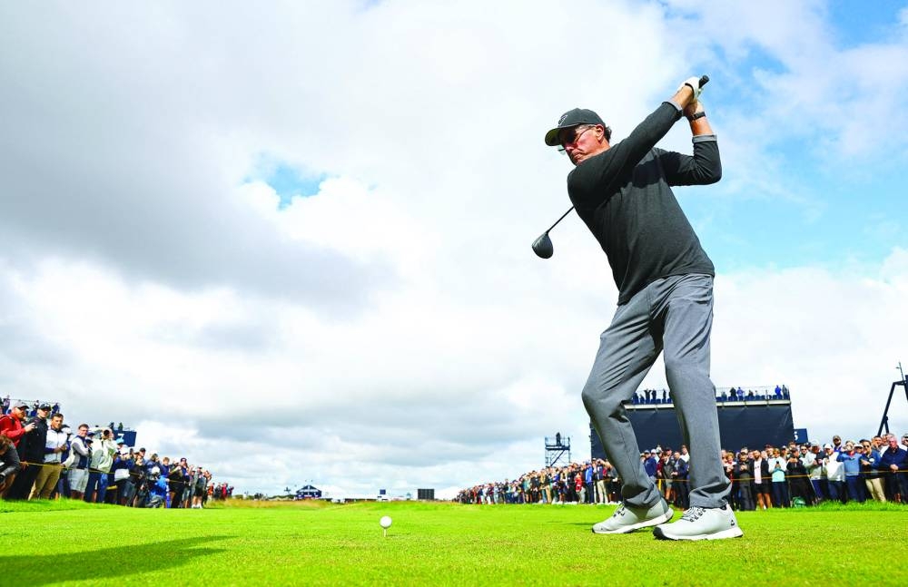 Phil Mickelson of the US in action during a practice round ahead of the 151st Open Championship at Royal Liverpool, Hoylake, Britain, on Wednesday. (Reuters)